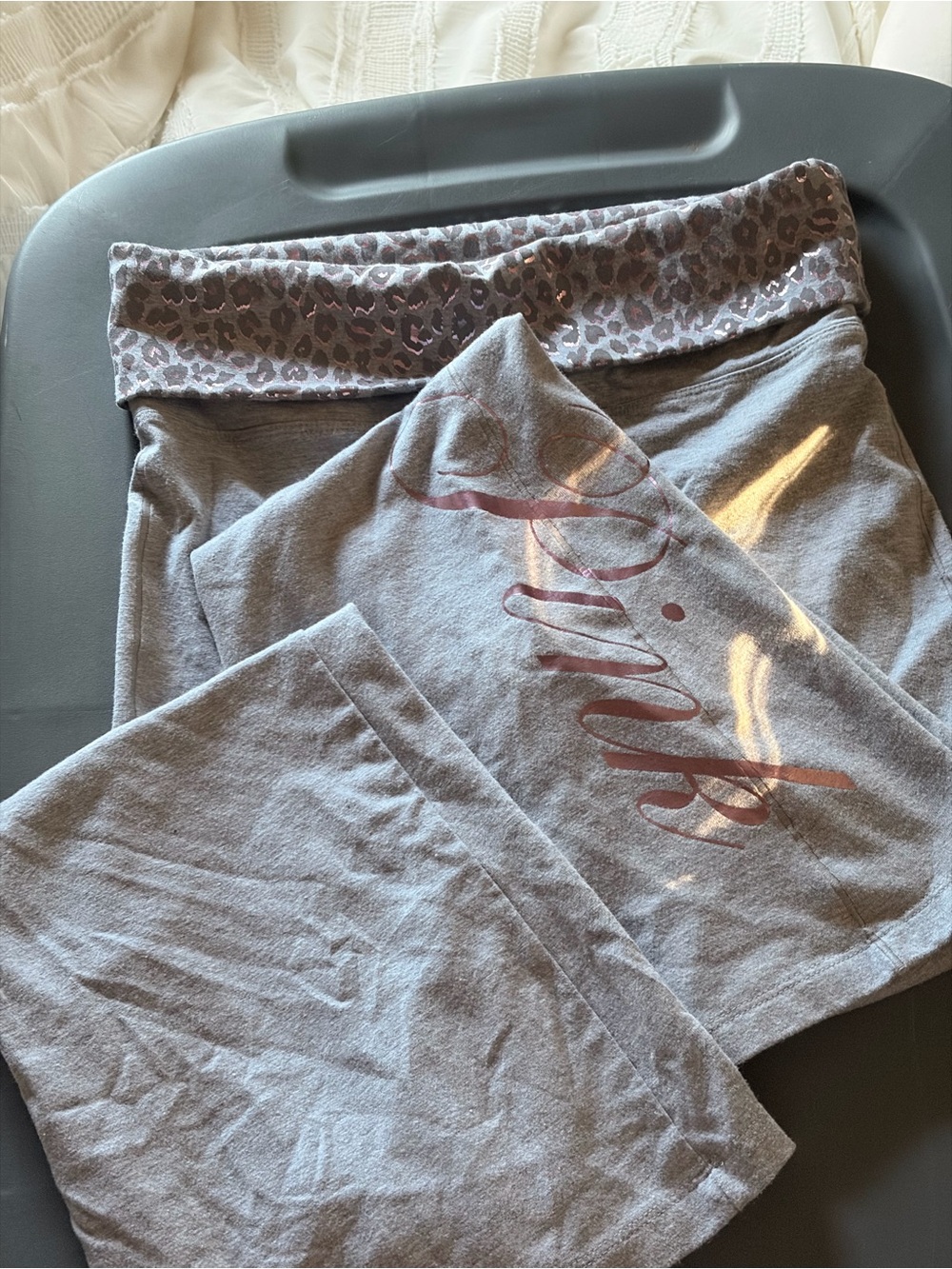 PINK Victoria's Secret Gray Lounge Pants with Leopard Fold-Over Waistband